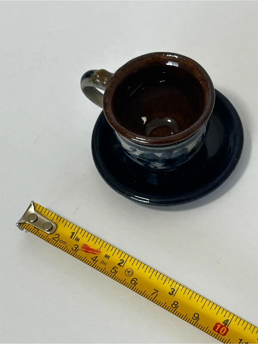 Handcrafted Mini Ceramic Cup and Saucer - Blue and Brown